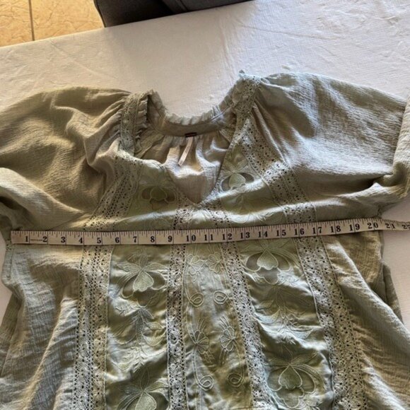 Free People Sivan Embroidered Top Green Puff Sleeve Blouse with Ruffled Small - Picture 11 of 16